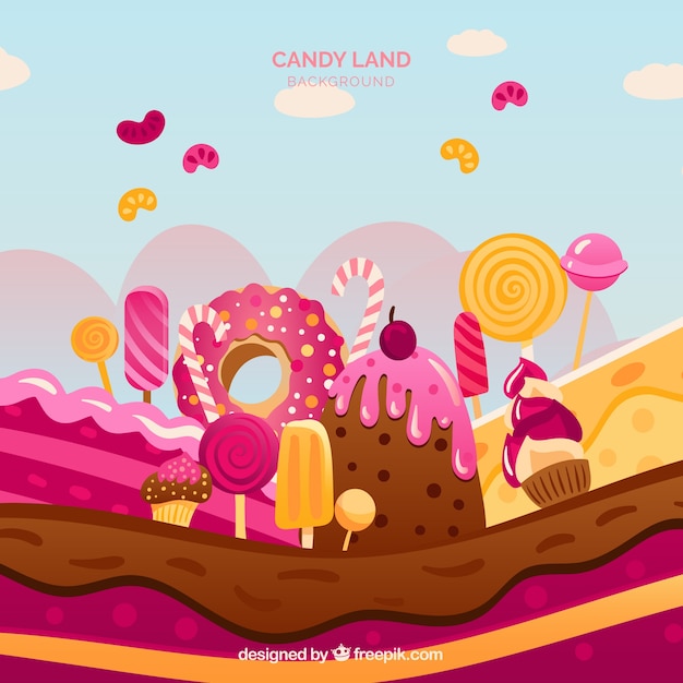 Tasty candy land background in flat style