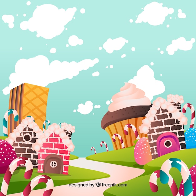 Tasty candy land background in flat style