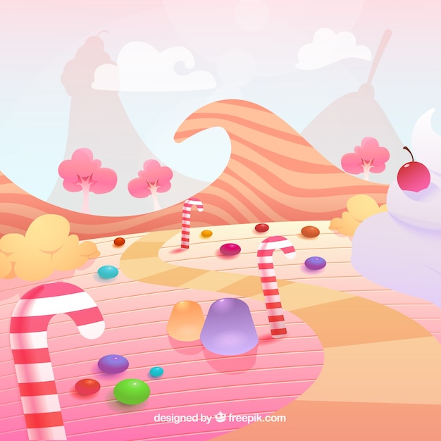 Tasty candy land background in flat style