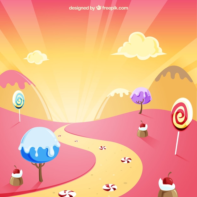 Tasty candy land background in flat style