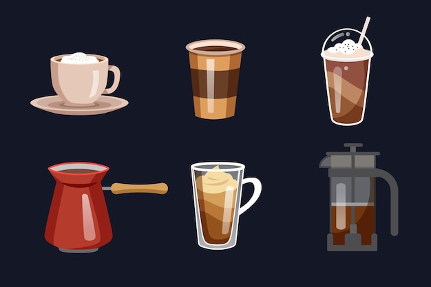 Free vector tasty coffee in mugs and kettle