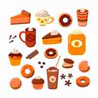 Free vector tasty desserts and coffee cartoon illustration set. pumpkin and chocolate pie, donut and muffins. hot frappe, fall and halloween drinks with spices isolated on white background. food, beverage concept