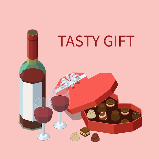 Бесплатное векторное изображение Вкусный подарок иллюстрация с конфетами и вином