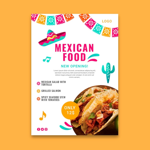 무료 벡터 맛있는 멕시코 음식 포스터 템플릿