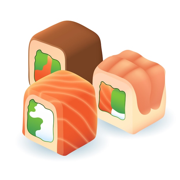 Vettore gratuito gustoso sushi 3d illustrazione vettoriale. frutti di mare giapponesi con salmone e riso e bacchette a casa o al ristorante in stile cartone animato isolato su sfondo bianco. ristorante, menu, concetto di cibo