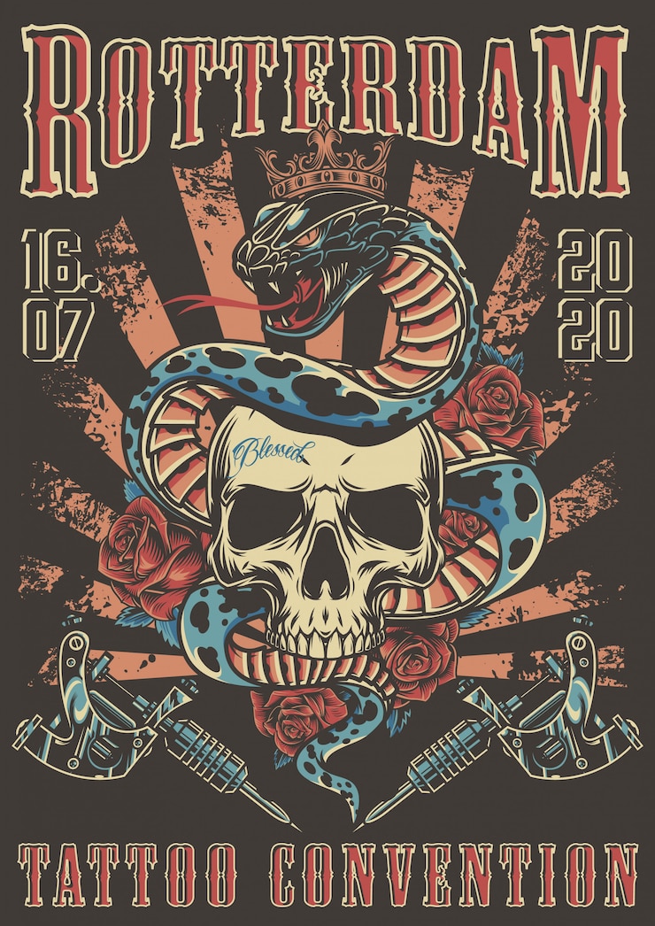 Free Vector tattoo convention in rotterdam colorful poster