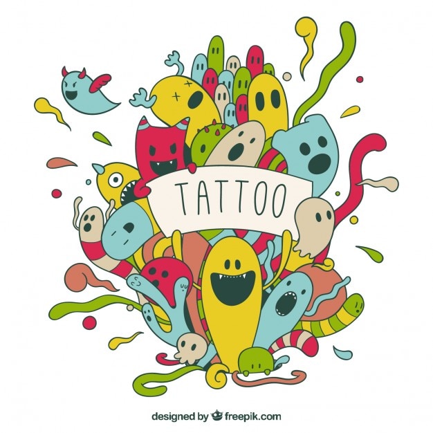 Free vector tattoo of enjoyable hand drawn colored characters