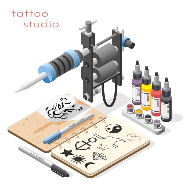 Tattoo studio accessories tools supply isometric composition with ink design sketches liner shader machine illustration