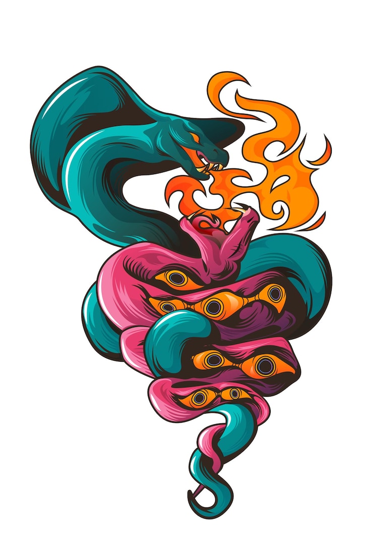 Free Vector tattoo with snakes and eyes. dangerous serpents