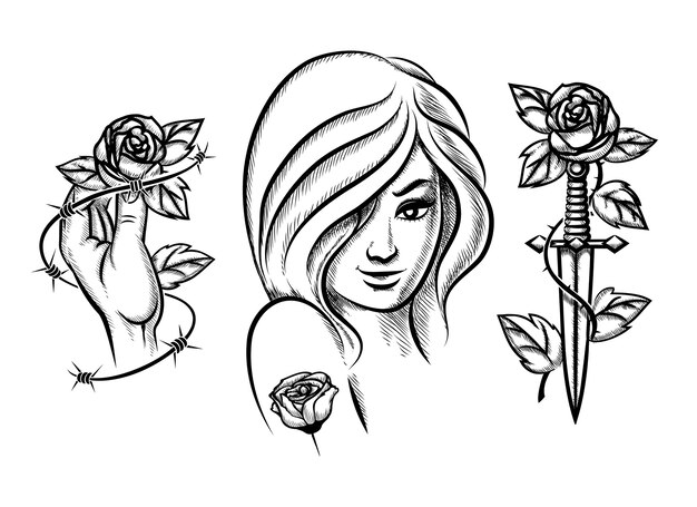 Tattoos. Beauty girl, knife, rose and barbed wire. Female black fashion. Vector illustration