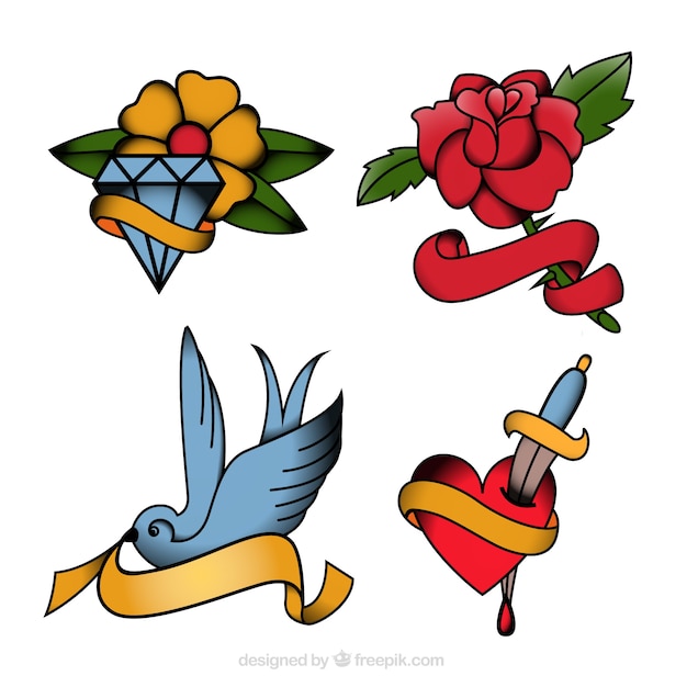 Tattoos of flowers and bird pack 