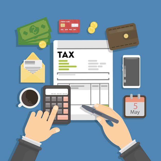Tax calculating concept man checking finance and debts