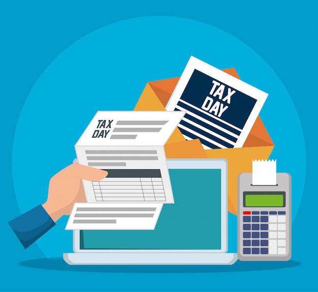 세금의 날. 데이터 폰 및 노트북이 포함 된 서비스 세금 문서