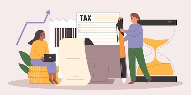 Tax pay flat composition with people filling taxing form vector illustration