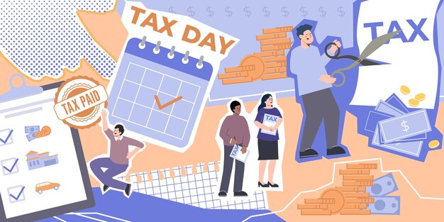 tax people flat composition with collage of checkbox lists calendar receipts money human characters and text vector illustration