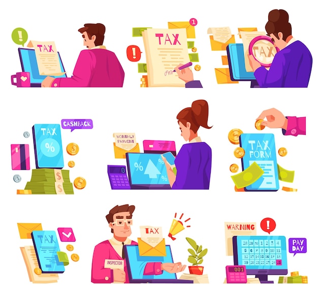 Free vector tax service cartoon icons set with people filling in paper and digital bills isolated vector illustration