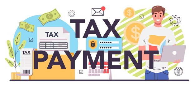 Taxes payment typographic header Idea of business accounting and audit Company pays a financial bill to the government Data in the document and taxation Flat vector illustration