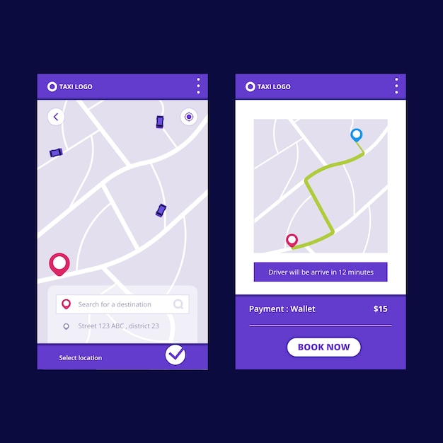 Vettore gratuito design dell'interfaccia dell'app taxi