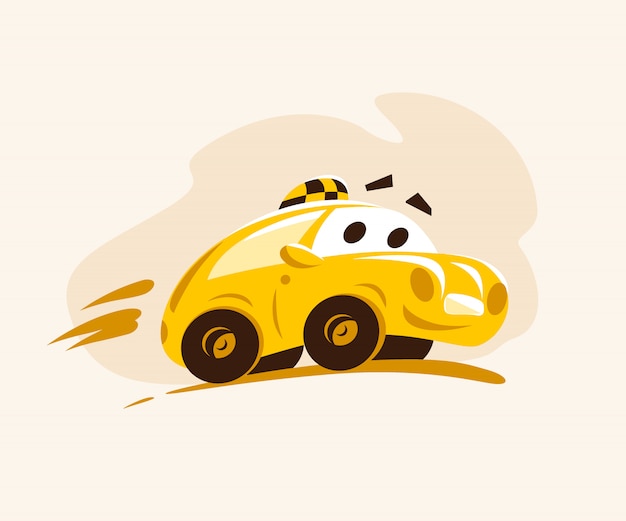 市内を走るタクシー車 漫画スタイルのイラスト 面白いキャラクター タクシーサービスのロゴ 広告 名刺 ポスター プラカードに適しています プレミアムベクター