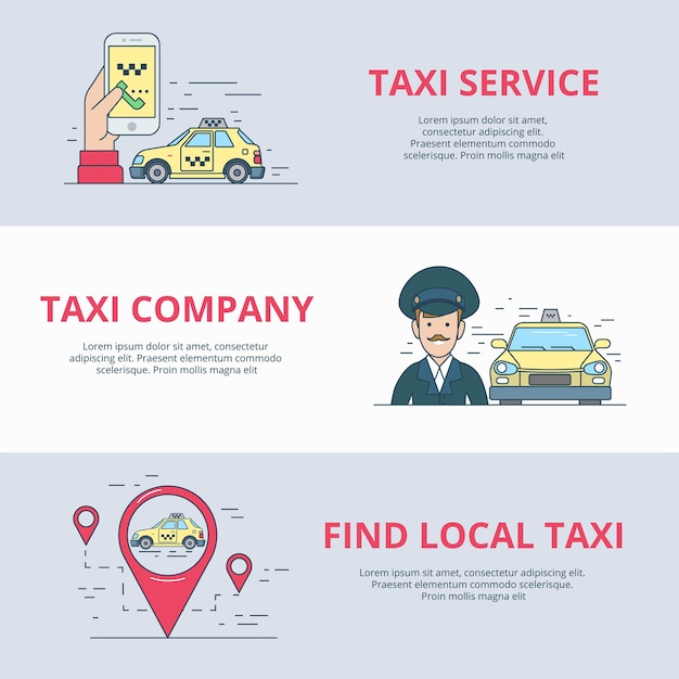 Free vector taxi mobile service search driver mobile app application icon linear flat style website vector