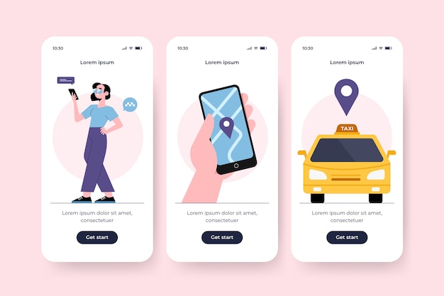 Vettore gratuito schermate delle app di onboarding dei taxi