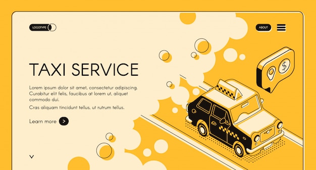 Servizio di ordinazione online di taxi con banner web di calcolo del costo del viaggio o pagina di destinazione