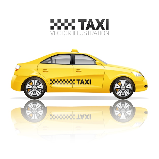 Taxi poster with realistic yellow public service car with reflection