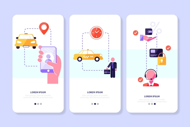 Vettore gratuito schermate delle app di servizio taxi con il cellulare