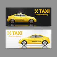 Free vector taxi service banner set with yellow cars with reflection