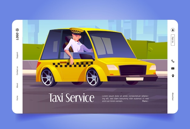 Autista della pagina di destinazione del fumetto del servizio taxi in auto