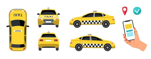 無料ベクター タクシーサービス要素ベクトルイラストセット。タクシータクシーの上面、側面、背面図、正面図、ロケーションマーク、手持ちの電話、白い背景で隔離の黄色い車。旅行、輸送の概念