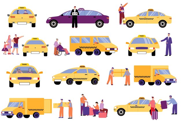 Taxi service flat icon set with vip taxi lorry vehicle for disabled people customer assistance vector illustration