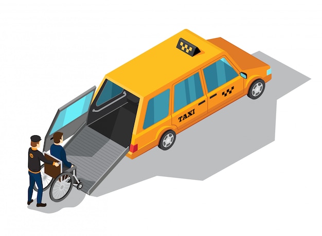 人の輸送用に設計された黄色のタクシー車とタクシーサービス等尺性デザインコンセプト
