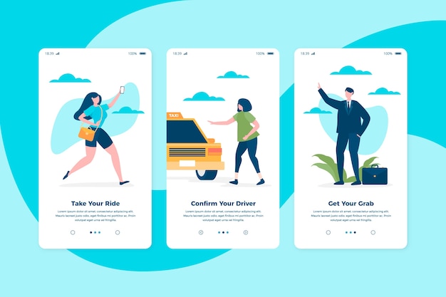 Vettore gratuito concetto di schermate app onboarding servizio taxi