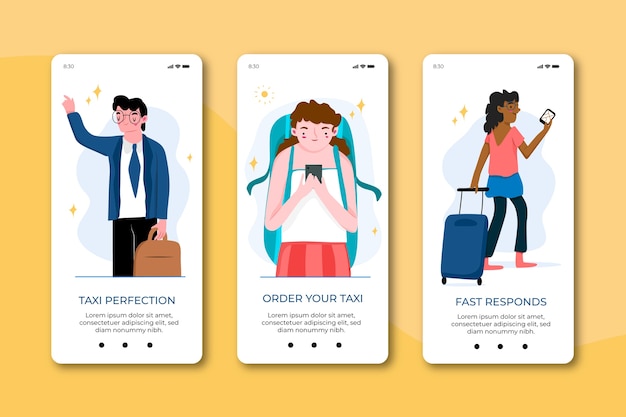 Free vector taxi service onboarding app screens for mobile phone
