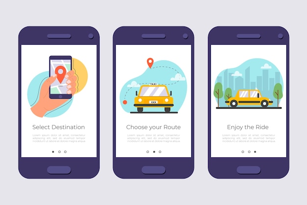 Vettore gratuito schermate dell'app di onboarding del servizio taxi