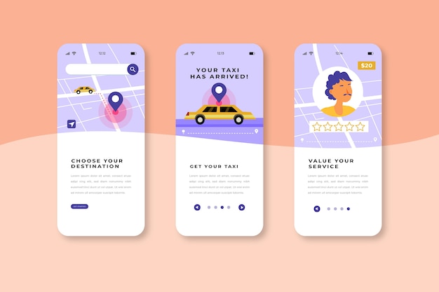 タクシーサービスのオンボーディングアプリ画面