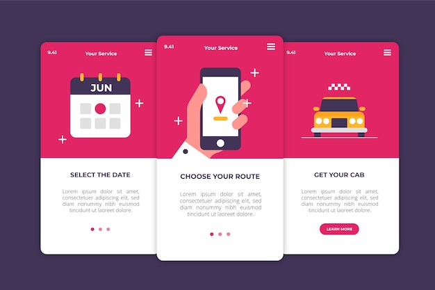 Free vector taxi service onboarding app screens