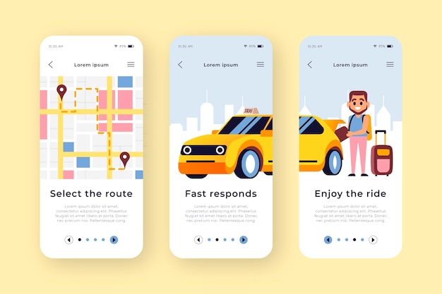 Taxi service onboarding app screens