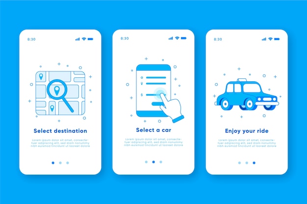 Taxi service onboarding app screens