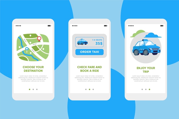 無料ベクター タクシーサービスのオンボーディングアプリ画面