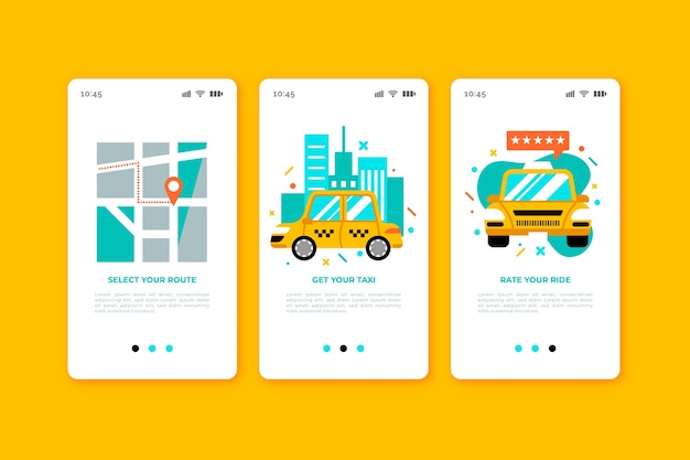 Vettore gratuito schermate dell'app di onboarding del servizio taxi