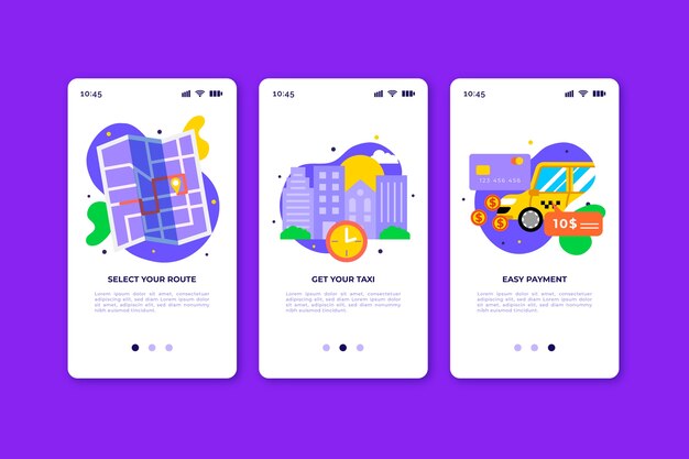 Taxi service onboarding app screens