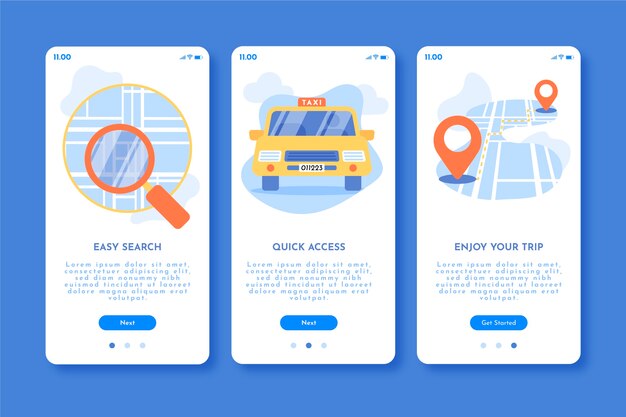 Taxi service onboarding app screens