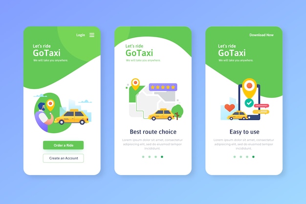 Taxi service onboarding app screens