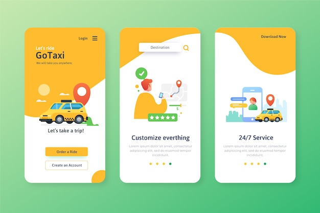 Vettore gratuito schermate dell'app di onboarding del servizio taxi