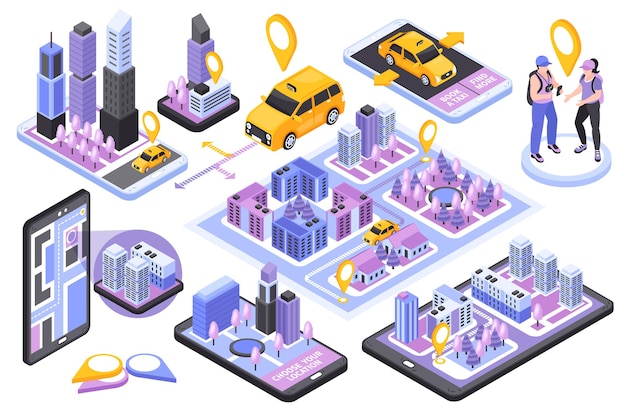 Free vector taxi transfer booking service isometric set with smartphone navigation app 3d map customers yellow car vector illustration