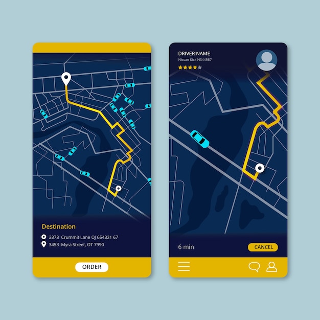 Vettore gratuito interfaccia dell'app di trasporto taxi