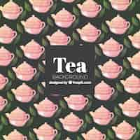 Free vector tea background with leaves and teapots