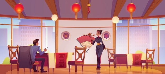 Free vector tea ceremony in asian cafe with authentic decor